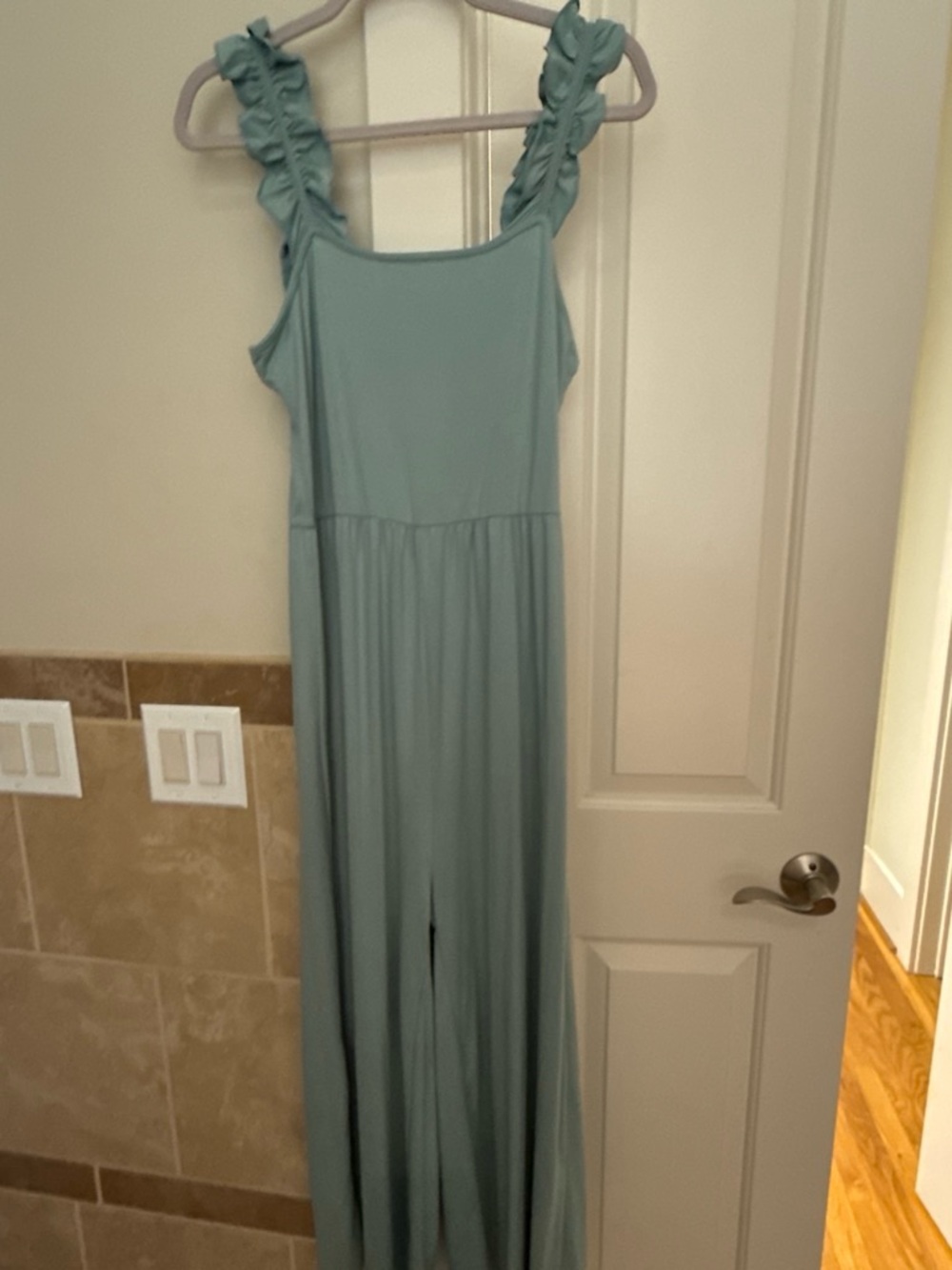 Womans Dusty Blue Ruffled-Strap One-Piece Jumpsuit